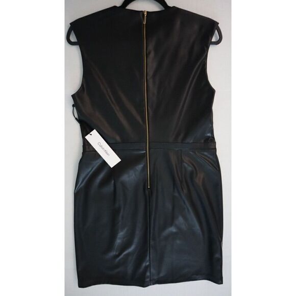 Calvin Klein Women Sz 10 Black PU Leather Sheath Dress w/Gold Waist Detail - Picture 2 of 13